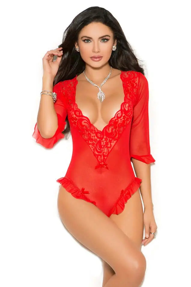 Mesh & Lace Ruffled Red Teddy Elegant Moments - HOOSTLER